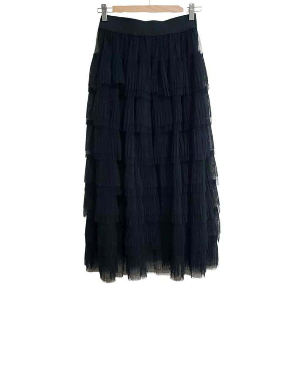 Maje Josepha Tiered Tulle Semi-Sheer Midi Skirt Size 36 Small Black Layered - Picture 4 of 15